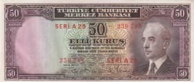 Turkey, 50 Kurush, 1942, UNC, p133, 
banknote is wavy because it comes out of the sea, Serial Number: A25 239248
Estimate: 30-60 USD