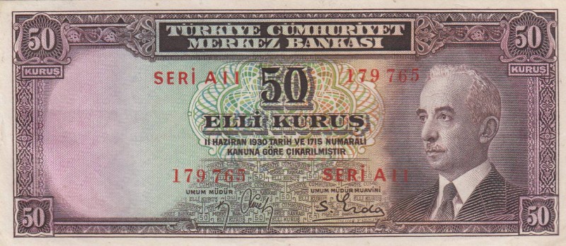 Turkey, 50 Kurush, 1942, UNC, p133
 Serial Number: A11 179765
Estimate: 30-60 ...
