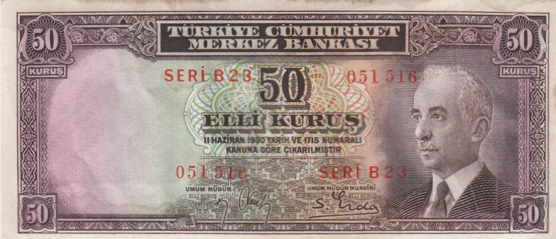 Turkey, 50 Kurush, 1942, UNC, p133
 Serial Number: A23 051516
Estimate: 30-60 ...