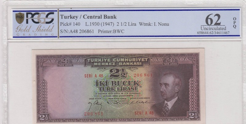 Turkey, 2 1/2 Lira, 1947, UNC, p140
PCGS 62 OPQ, Serial Number: A47 206861
Est...