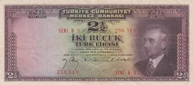 Turkey, 2 1/2 Lira, 1947, XF(+), p140, 
İnönü portraid, natural., Serial Number: B5 236510
Estimate: 75-150 USD