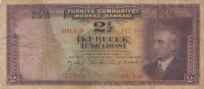 Turkey, 2,5 Lira, 1947, FİNE, p140, 
 Serial Number: A24377 040
Estimate: 20-4...