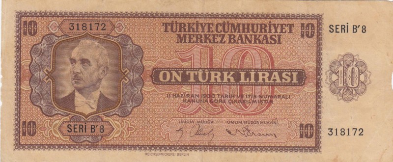 Turkey, 10 Lira , 1942, VF, p141, 
Pressed Serial Number: B8 318172
Estimate: ...