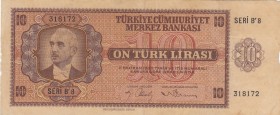 Turkey, 10 Lira , 1942, VF, p141, 
Pressed Serial Number: B8 318172
Estimate: 75-150 USD