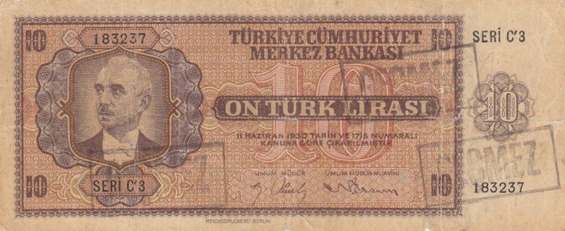 Turkey, 10 Lira , 1942, POOR, p141, 
"GEÇMEZ" stamp printed on canceled, Serial...