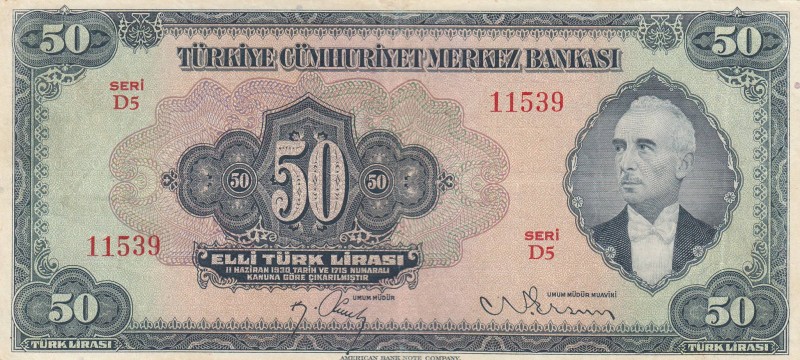 Turkey, 50 Lira, 1947, XF (+), p143a, 
natural, Serial Number: D5 11539
Estima...