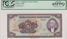 Turkey, 50 Lira, 1947, UNC, p143a, SPECIMEN
PCGS 65 OPQ, Serial Number: E1 00000
Estimate: 100-200 USD