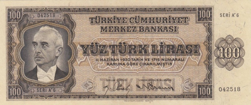 Turkey, 100 Lira, 1942, XF (+), p144, 
natural, Serial Number: A6 042518
Estim...
