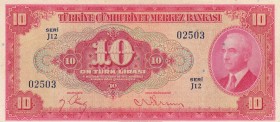 Turkey, 10 Lira , 1947, XF, p147, 
pressed, Serial Number: J12 02503
Estimate: 250-500 USD