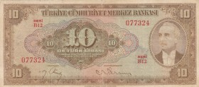Turkey, 10 Lira, 1948, FINE (+), p148, 
Pressed Serial Number: B12 077324
Estimate: 40-80 USD