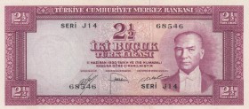 Turkey, 2 1/2 Lira, 1952, AUNC, p150, 
, Serial Number: J14 68546
Estimate: 500-1000 USD