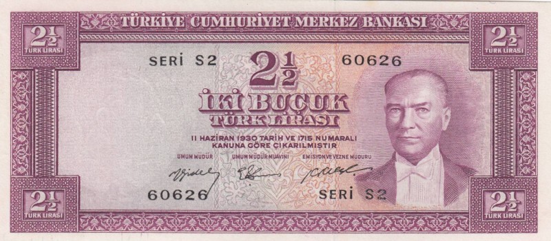 Turkey, 2 1/2 Lira, 1955, AUNC/UNC, p151, 
, Serial Number: S2 60626
Estimate:...