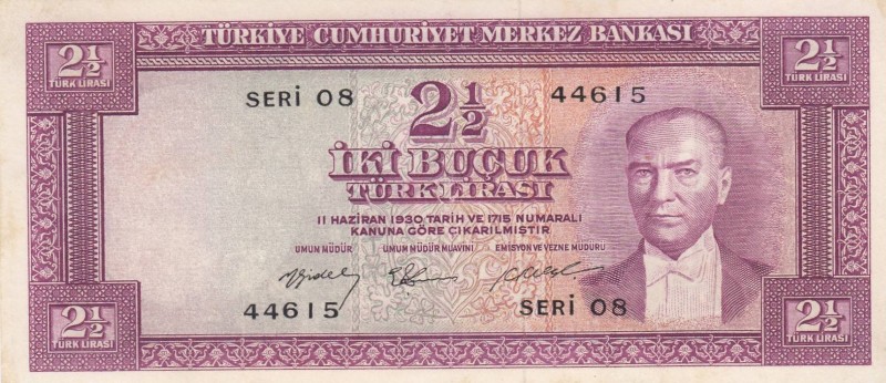 Turkey, 2 1/2 Lira, 1955, AUNC, p151, Pressed
Kemal Atatürk portraid, pressed, ...