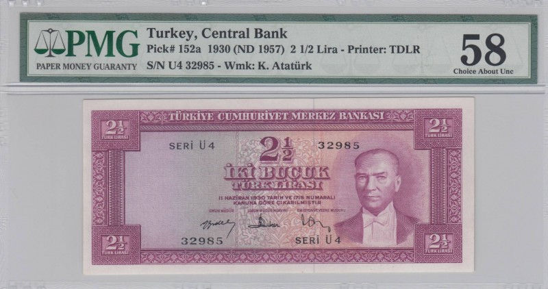 Turkey, 2 1/2 Lira, 1966, AUNC, p152a, 
PMG 58, Serial Number: Ü4 32985
Estima...