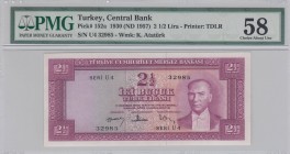 Turkey, 2 1/2 Lira, 1966, AUNC, p152a, 
PMG 58, Serial Number: Ü4 32985
Estimate: 50-100 USD