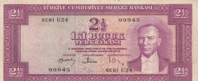 Turkey, 2 1/2 Lira, 1957, FINE, p152, 
there is stain on the banknote, pressed, Serial Number: Ü24 99945
Estimate: 10-20 USD
