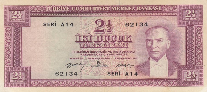 Turkey, 2 1/2 Lira, 1960, XF, p153, 
there is stain on the banknote, Serial Num...