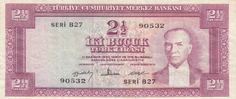 Turkey, 2 1/2 Lira, 1960, VF (+), p153, 
Kemal Atatürk portraid, natural. , Ser...