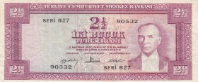 Turkey, 2 1/2 Lira, 1960, VF (+), p153, 
Kemal Atatürk portraid, natural. , Serial Number: B27 90532
Estimate: 30-60 USD