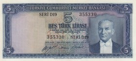 Turkey, 5 Lira, 1952, AUNC (+), p154, 
natural, Serial Number: D19 355330
Estimate: 400-800 USD