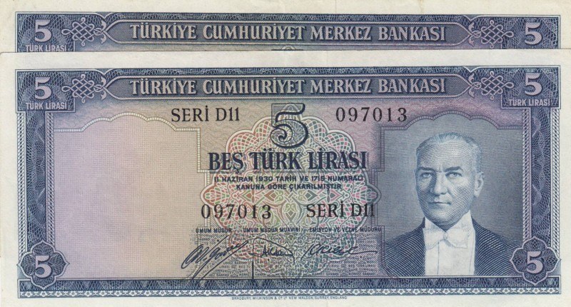 Turkey, 5 Lira, 1952, AUNC, p154, (Total 2 consecutive banknotes)
, Serial Numb...