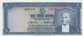 Turkey, 5 Lira, 1959, AUNC/UNC, p155f, 
 Serial Number: E21 430791
Estimate: 500-1000 USD