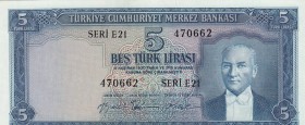 Turkey, 5 Lira, 1959, AUNC, p155f, 
natural, Serial Number: E21 470662
Estimate: 300-600 USD