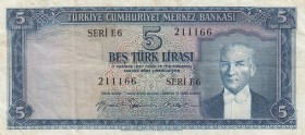 Turkey, 5 Lira, 1959, VF, p155, 
natural Serial Number: E6 211166
Estimate: 25-50 USD