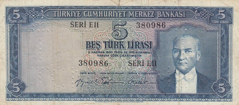 Turkey, 5 Lira, 1959, FINE, p155f, CANCELLED
 Serial Number: E11 380986
Estima...