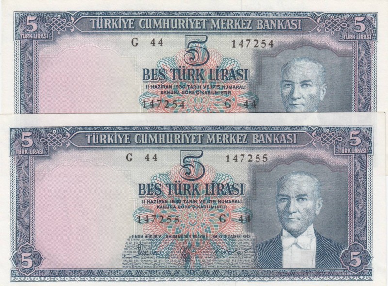 Turkey, 5 Lira, 1961, AUNC, p173a, 5/3 Emission
Consecutive serial number bankn...