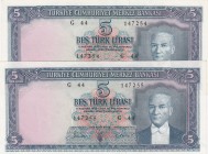 Turkey, 5 Lira, 1961, AUNC, p173a, 5/3 Emission
Consecutive serial number banknotes, Serial Number: G44 147254, G44 147255
Estimate: 250-500 USD