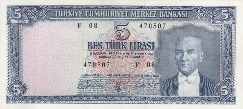 Turkey, 5 Lira, 1961, AUNC(-), p173a, 
natural, Serial Number: F08 478507
Esti...