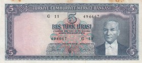 Turkey, 5 Lira, 1961, XF, p173a, 
Pressed Serial Number: G11 494667
Estimate: 15-30 USD