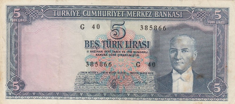 Turkey, 5 Lira , 1961, VF (+), p173, 
there is stain on the banknote, Serial Nu...