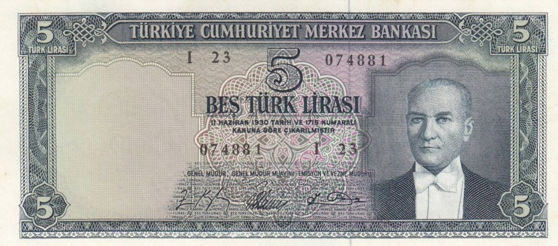 Turkey, 5 Lira, 1965, UNC, p174a, 
 Serial Number: I23 074881
Estimate: 400-80...