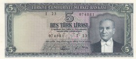Turkey, 5 Lira, 1965, UNC, p174a, 
 Serial Number: I23 074881
Estimate: 400-800 USD