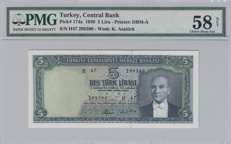 Turkey, 5 Lira , 1965, AUNC, p174a, 
PMG 58 NET, Serial Number: H47 299390
Est...