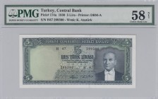 Turkey, 5 Lira , 1965, AUNC, p174a, 
PMG 58 NET, Serial Number: H47 299390
Estimate: 40-80 USD