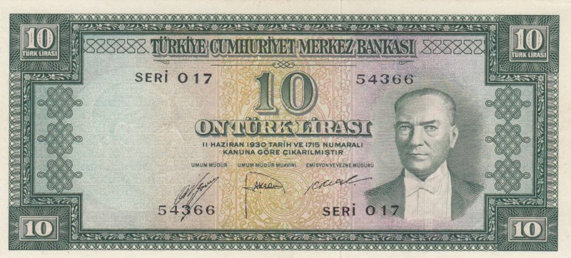 Turkey, 10 Lira , 1953, AUNC/UNC, p157, 
 Serial Number: O17 54366
Estimate: 5...