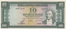 Turkey, 10 Lira , 1953, AUNC/UNC, p157, 
 Serial Number: O17 54366
Estimate: 500-1000 USD