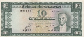 Turkey, 10 Lira , 1966, UNC, p157, 
 Serial Number: U13 45299
Estimate: 750-1500 USD