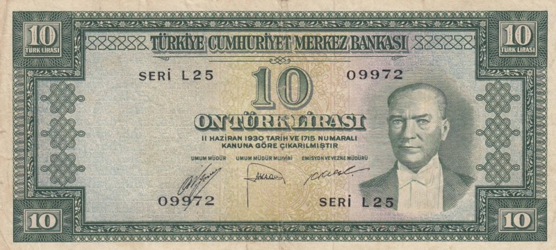 Turkey, 10 Lira, 1953, FINE, p157, 
 Serial Number: L25 09972
Estimate: 15-30 ...