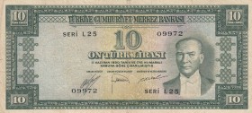 Turkey, 10 Lira, 1953, FINE, p157, 
 Serial Number: L25 09972
Estimate: 15-30 USD