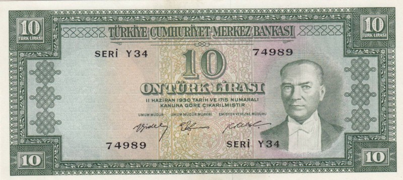 Turkey, 10 Lira, 1958, UNC, p158, 
 Serial Number: Y34 74989
Estimate: 3000-60...