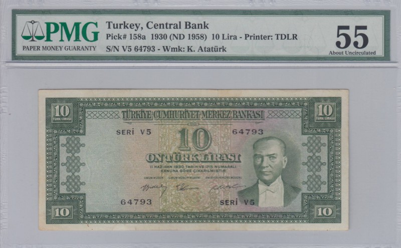 Turkey, 10 Lira, 1958, AUNC, p158
PMG 55, Serial Number: V5 64793
Estimate: 75...