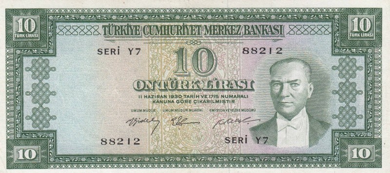 Turkey, 10 Lira, 1958, VF, p158, 
Pressed, Serial Number: Y7 88212
Estimate: 2...
