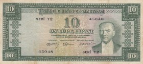 Turkey, 10 Lira, 1958, VF, p158, 
 Serial Number: Y2 45048
Estimate: 25-50 USD