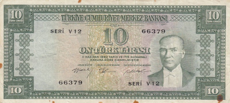 Turkey, 10 Lira, 1958, VF, p158, 
There are little stains, natural, Serial Numb...