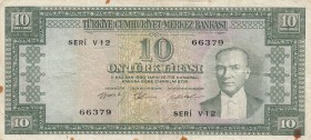 Turkey, 10 Lira, 1958, VF, p158, 
There are little stains, natural, Serial Number: V12 66379
Estimate: 25-50 USD