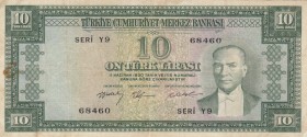 Turkey, 10 Lira, 1958, VF, p158, 
There are little stain, pressed., Serial Number: Y9 68460
Estimate: 50-100 USD